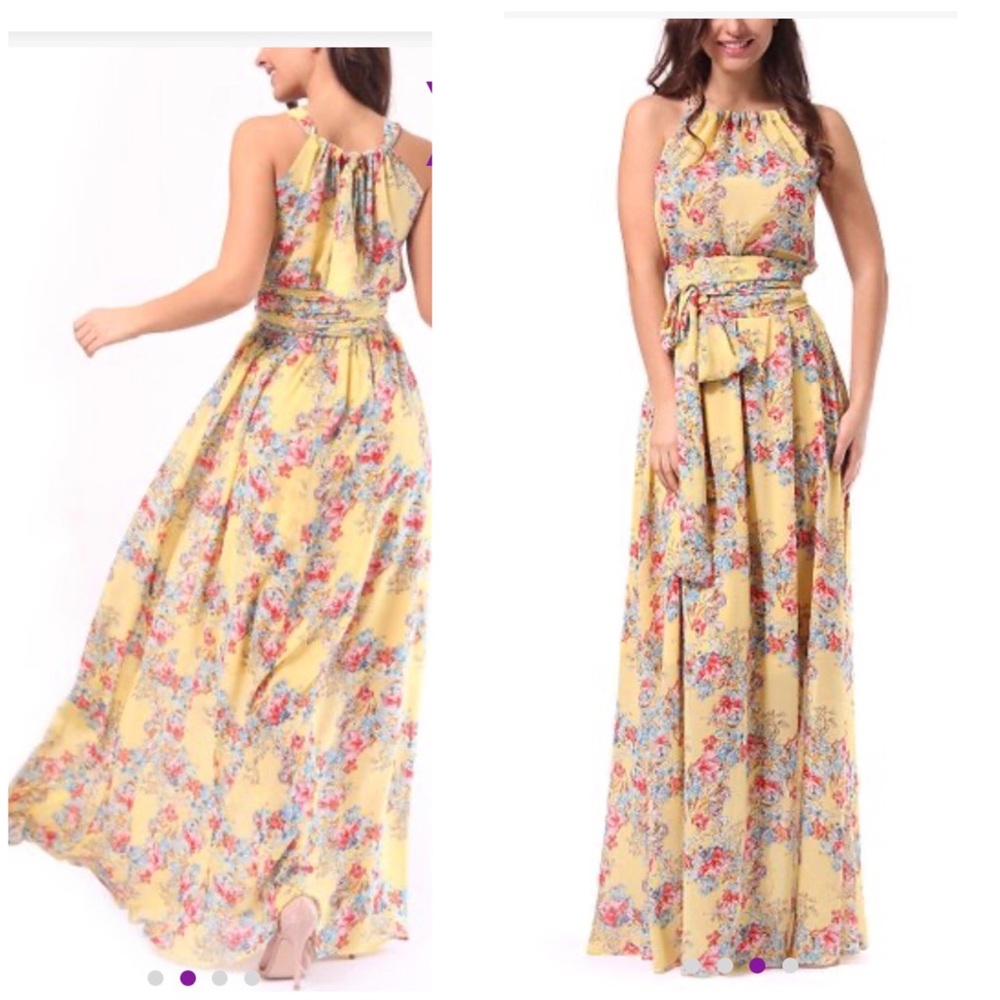 Anthropologie Yellow Pleated Tie Front Maxi Dress